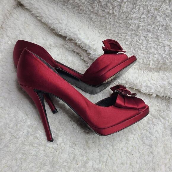 Stuart Weitzman "Paradise" Burgundy Satin Wrapped Embellished Peep-toe Formal He - Picture 11 of 11